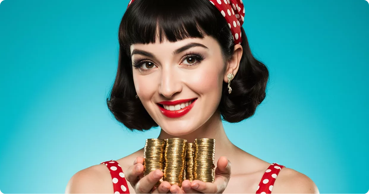 Pin-Up qızı qızıl sikkələr yığını tutur