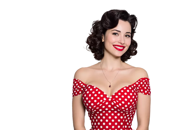 Pin-Up kazino əsas qızı qırmızı don geyinmiş.