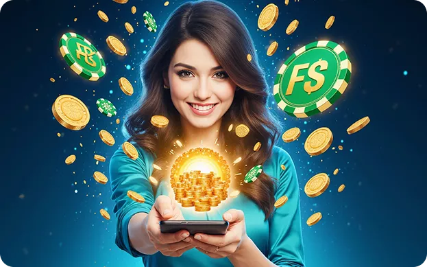 Pin-Up qızı smartfon tutaraq qızıl sikkələr və FS fişləri ilə.