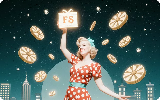 Pin-Up qızı hədiyyə qutusu (FS) və düşən qızıl sikkələrlə bayram edir.