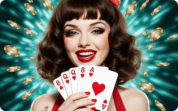 Pin-Up qızı qalib poker kombinasiyası (fleş) tutur.